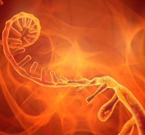 RNA strand on an abstract orange swirling background