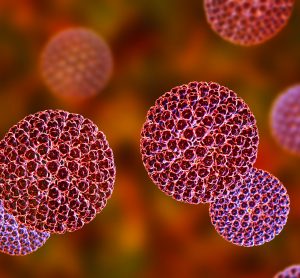 rotavirus particles in pink on a red background