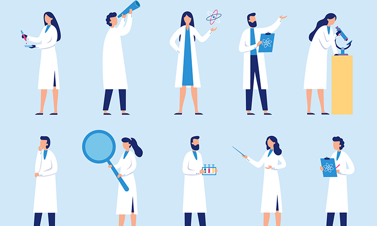 Scientists people. Science lab worker, chemical researchers and scientist professor character. laboratory creative scientist job, medicine workers characters. Isolated flat vector icons set