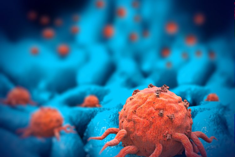 Orange cancer cells on blue background