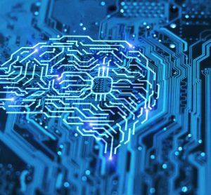 Artificial intelligence brain on blue integrated circuit background
