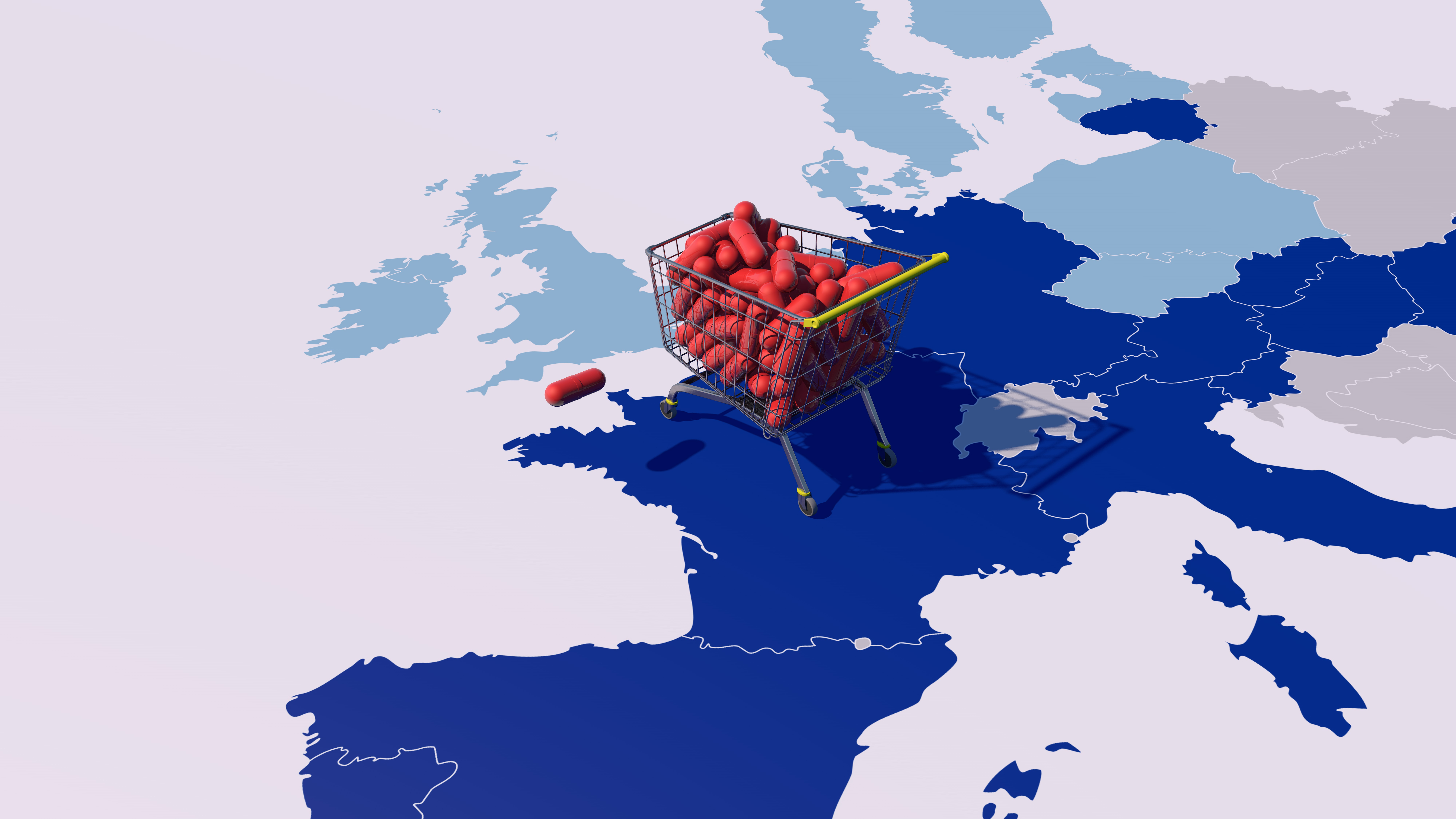 Shopping cart filled with red capsules placed on a map of Europe and the UK, symbolizing access and regulation of medicines.