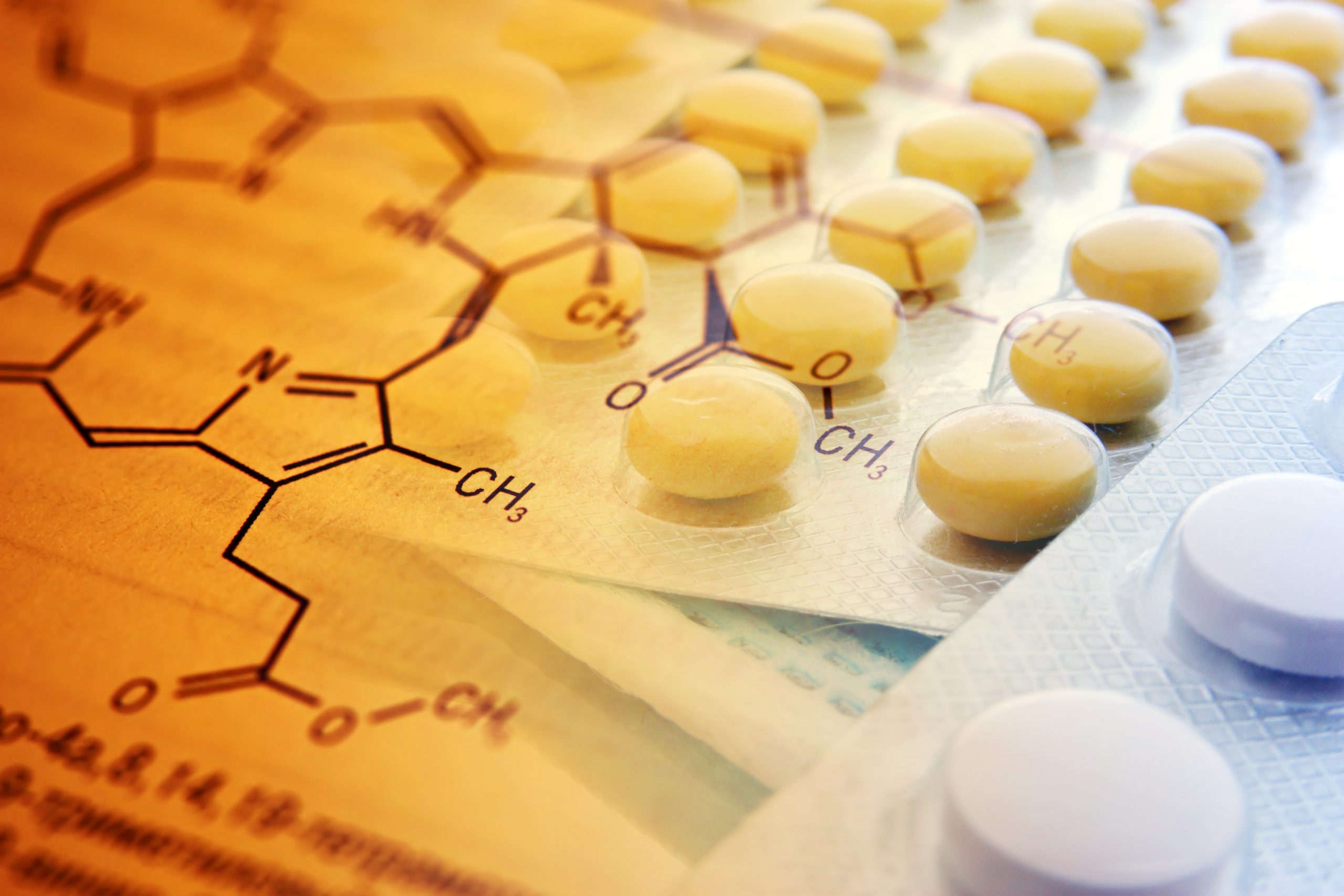 Chemistry science formula and tablets. Medicine symbol.