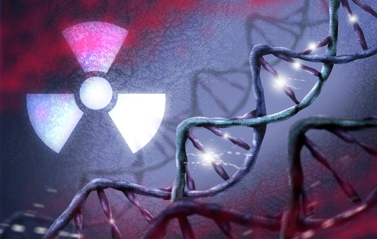 Nuclear Fallout and Radiation Therapy concept. DNA and Radioactive symbols.