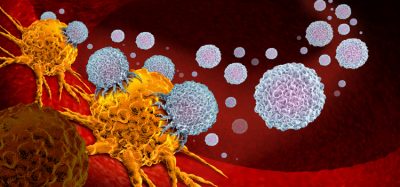 Immunotherapy - white blobs attacking a yellow cancer cell