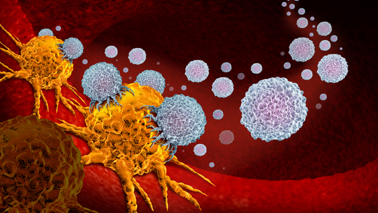 Immunotherapy - white blobs attacking a yellow cancer cell