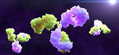3D-rendered illustration of bispecific antibodies floating against a dark, starry background. The antibodies have a complex, Y-shaped structure with smooth, irregular surfaces colored in vibrant shades of green, yellow, and purple, highlighting different binding regions.