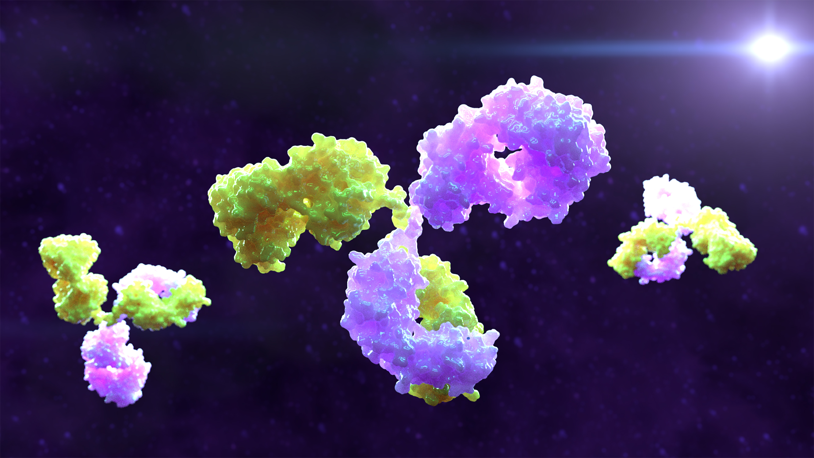 3D-rendered illustration of bispecific antibodies floating against a dark, starry background. The antibodies have a complex, Y-shaped structure with smooth, irregular surfaces colored in vibrant shades of green, yellow, and purple, highlighting different binding regions.