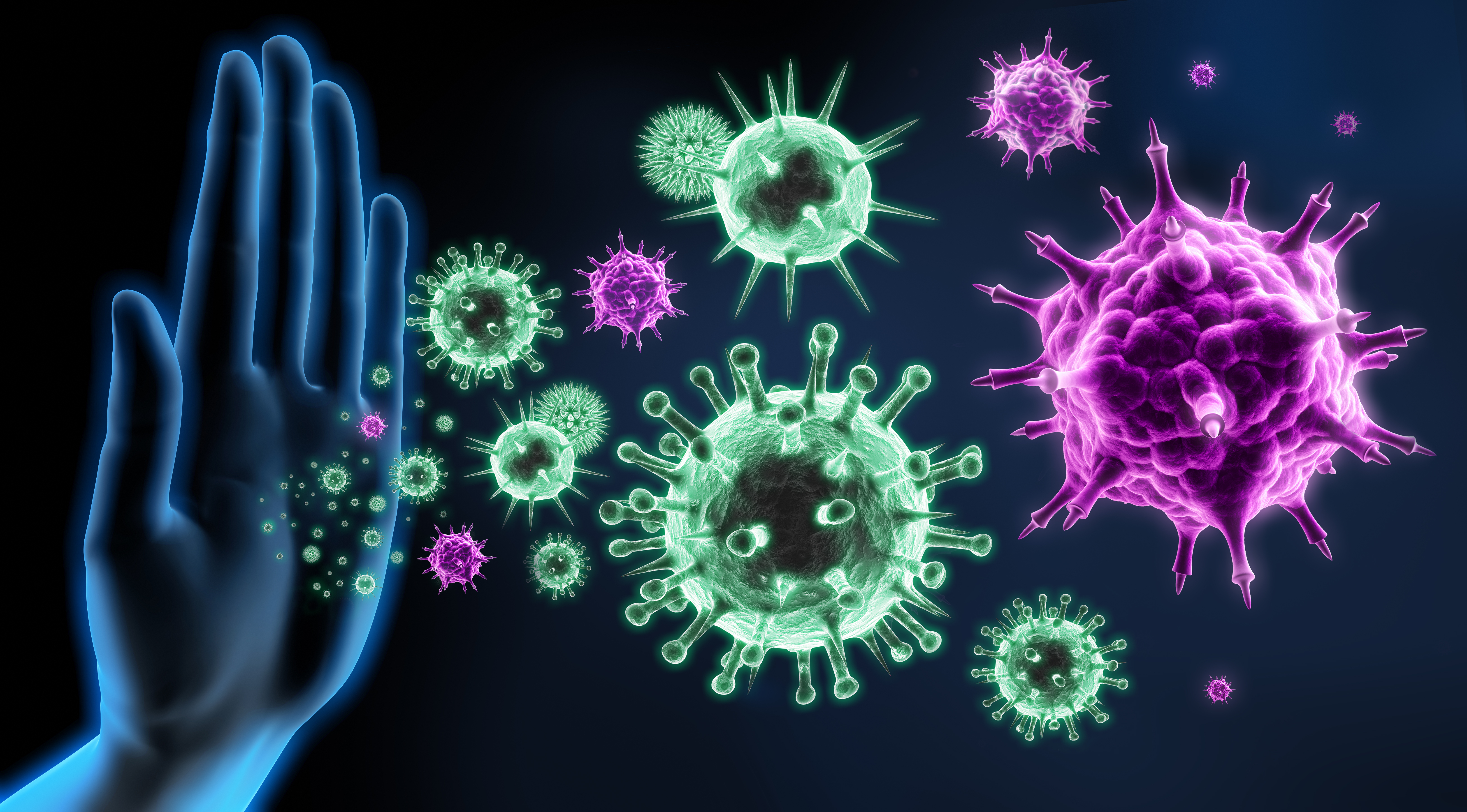 Digital illustration of a human hand blocking floating virus particles, symbolizing the immune system defending against viral infections.