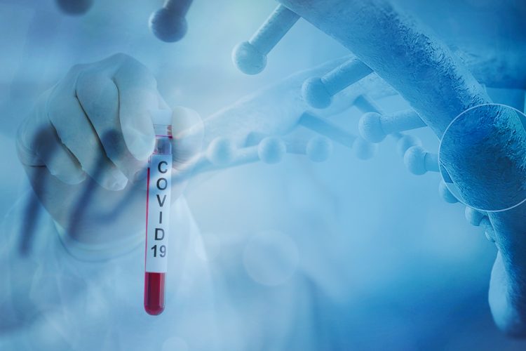 Test tube with covid-19 label. Surrounded by DNA genetic strand