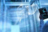 Digital wireframe liver visualised with data networks and interface graphics, representing AI driven analysis of drug induced liver injury in early drug discovery