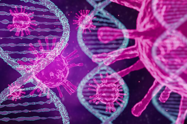 COVID-19 viruses next to DNA molecules