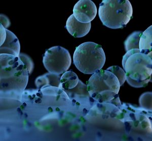 Illustration of extracellular vesicles with surface proteins representing EV multiplex biomarker profiling