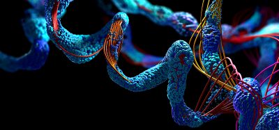 Abstract 3D visualisation of a protein chain with blue clustered structures and orange filament-like strands, representing protein folding and molecular disruption against a dark background.