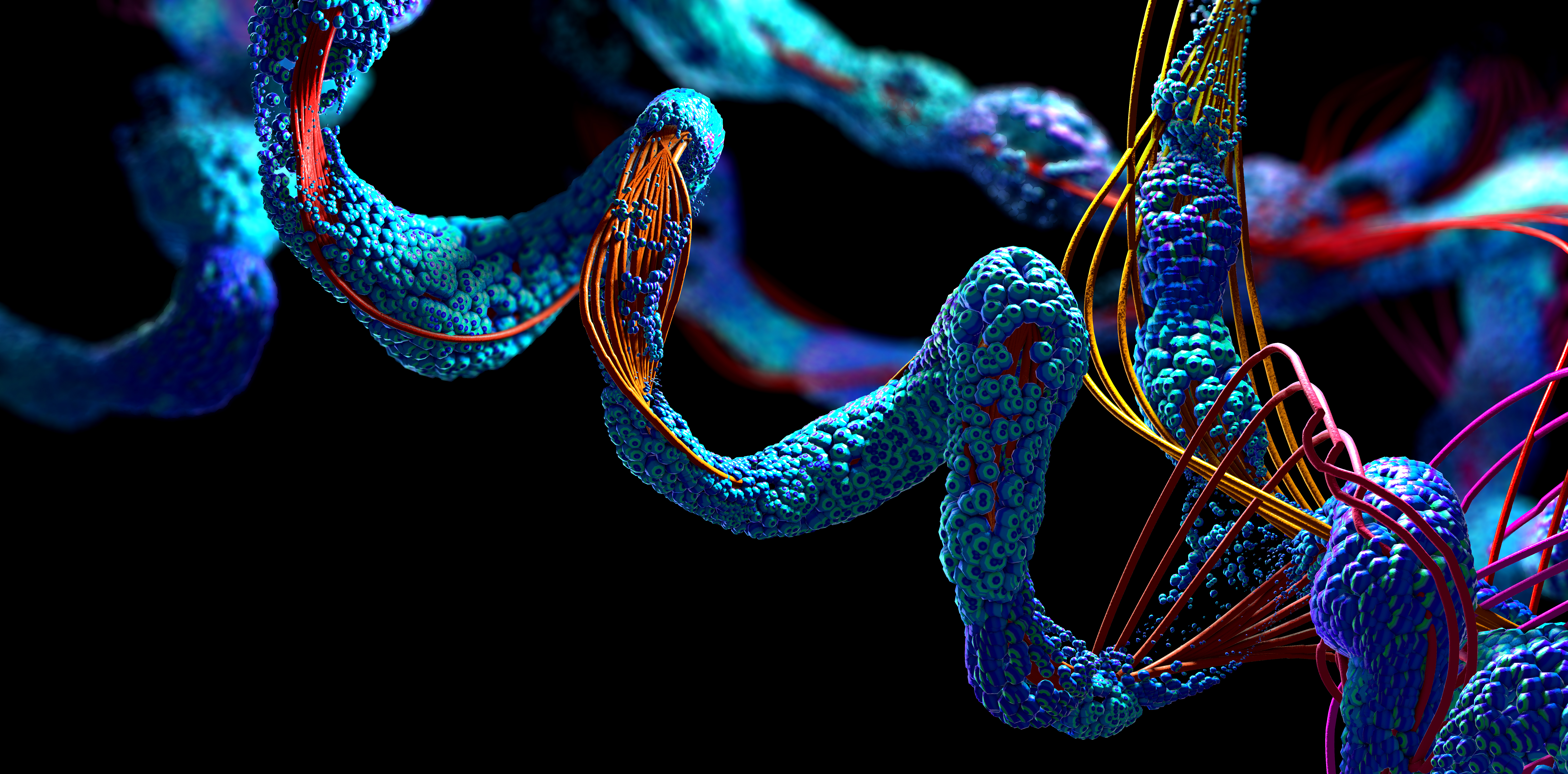 Abstract 3D visualisation of a protein chain with blue clustered structures and orange filament-like strands, representing protein folding and molecular disruption against a dark background.