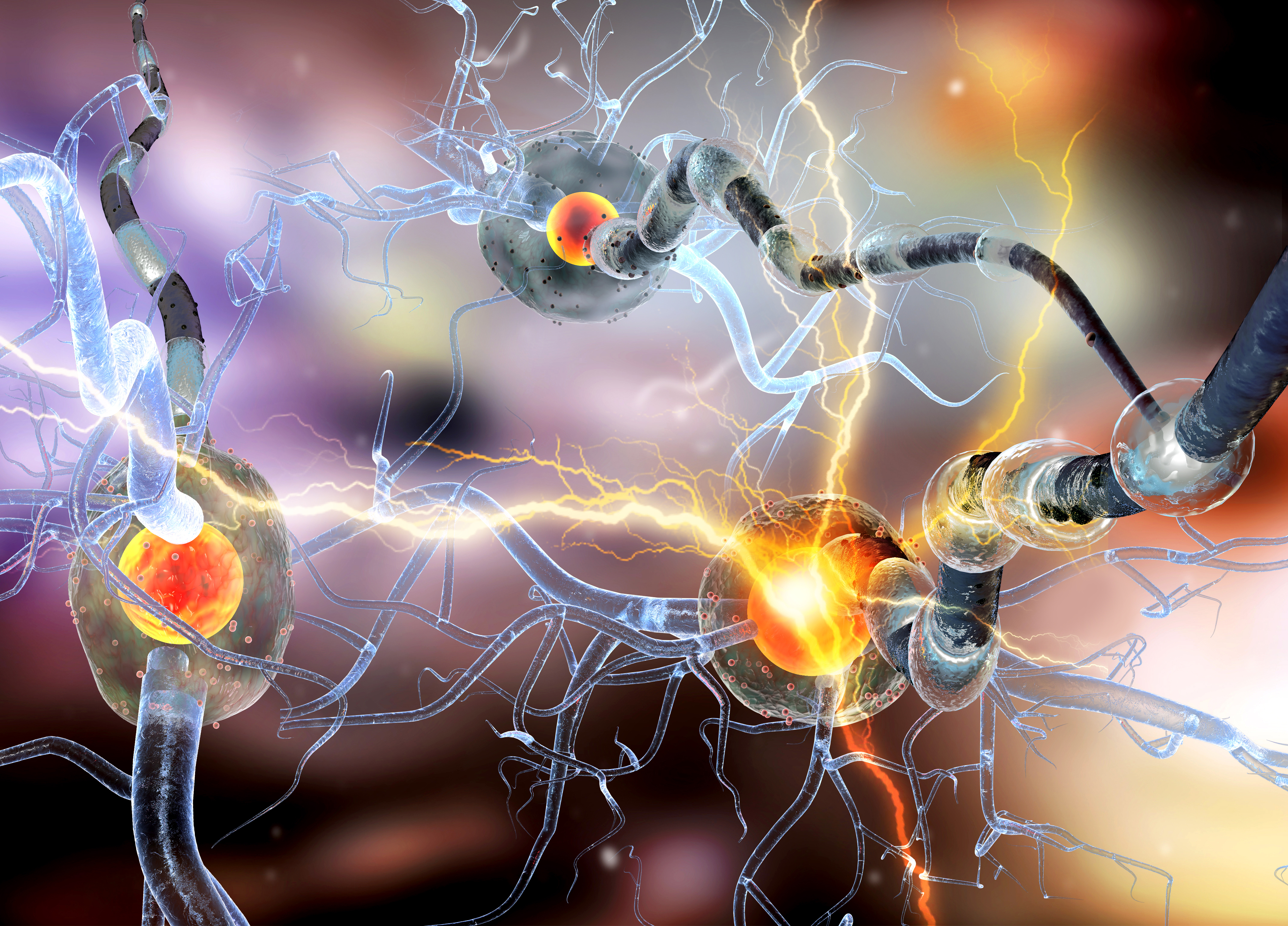 3D illustration of interconnected neurons with glowing synapses and electrical impulses, representing neuroinflammation and neural communication in neurodegenerative disease.