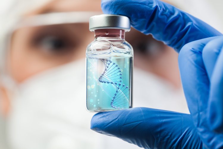 Scientist holding a vial with a digital DNA helix illustration, symbolising advanced gene therapy research