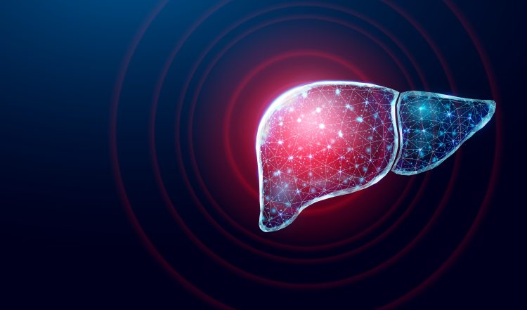 Digital illustration of a human liver with a glowing red center and radiating rings, symbolizing liver inflammation and damage, shown in a futuristic wireframe style.