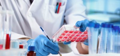 Scientist in a lab coat and gloves analysing samples in a multiwell plate, surrounded by test tubes and lab equipment