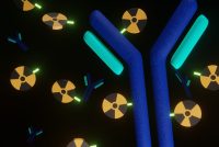 3D illustration of a Y-shaped antibody-like molecule interacting with radioactive isotopes, representing targeted radioligand therapy using engineered proteins such as DARPins.