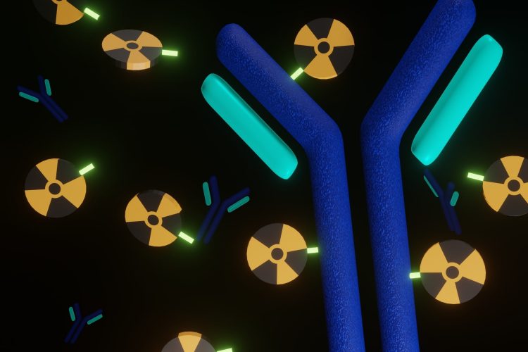 3D illustration of a Y-shaped antibody-like molecule interacting with radioactive isotopes, representing targeted radioligand therapy using engineered proteins such as DARPins.