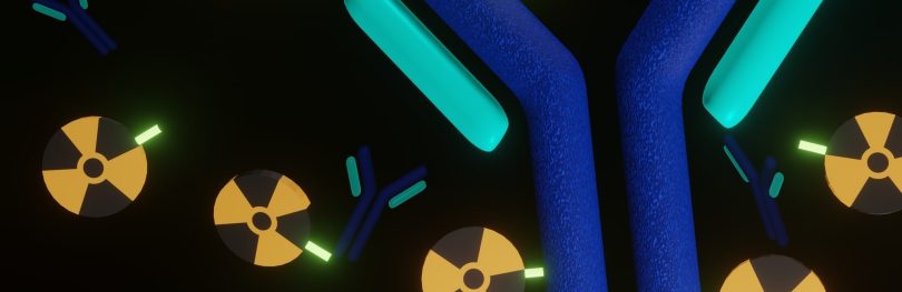 3D illustration of a Y-shaped antibody-like molecule interacting with radioactive isotopes, representing targeted radioligand therapy using engineered proteins such as DARPins.