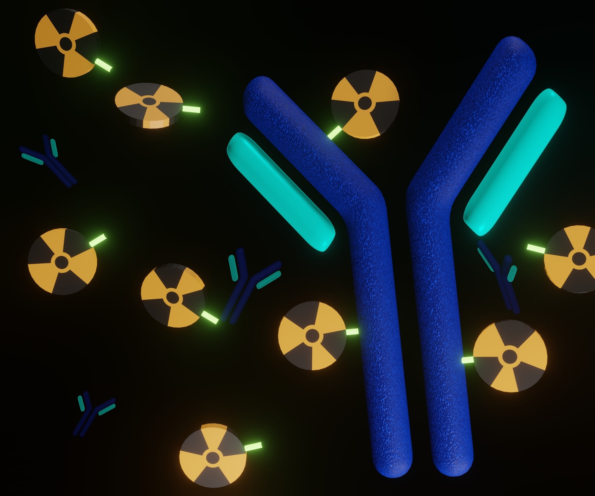 3D illustration of a Y-shaped antibody-like molecule interacting with radioactive isotopes, representing targeted radioligand therapy using engineered proteins such as DARPins.