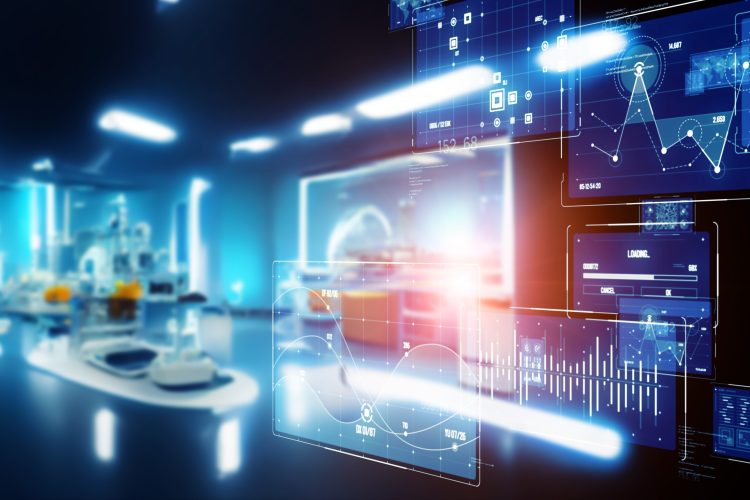 Futuristic automated laboratory interior with digital data dashboards, analytics visualisations and AI-driven interfaces overlaying a modern life sciences research environment.