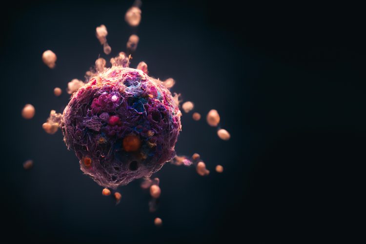 A highly detailed, stylized 3D rendering of a cancer cell releasing particles against a dark background