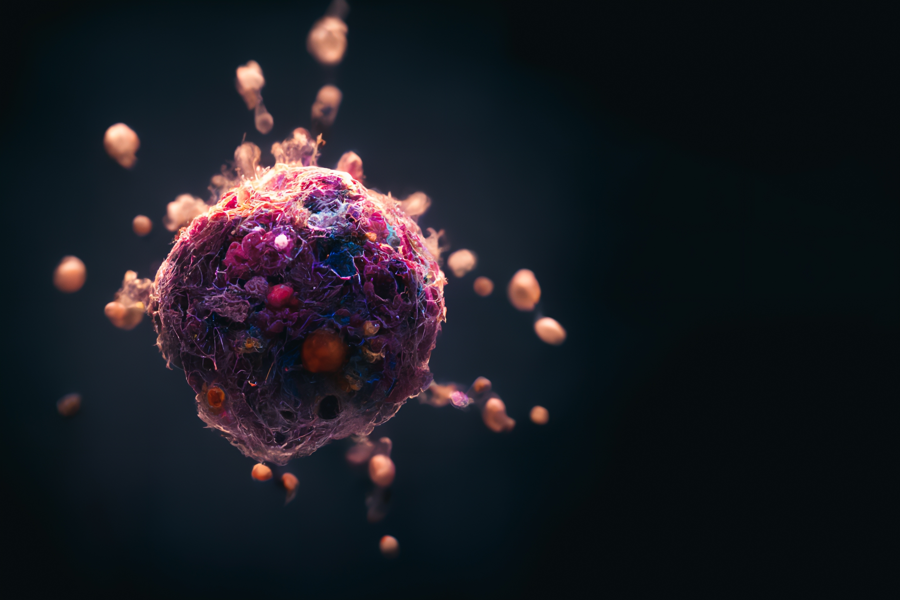 A highly detailed, stylized 3D rendering of a cancer cell releasing particles against a dark background