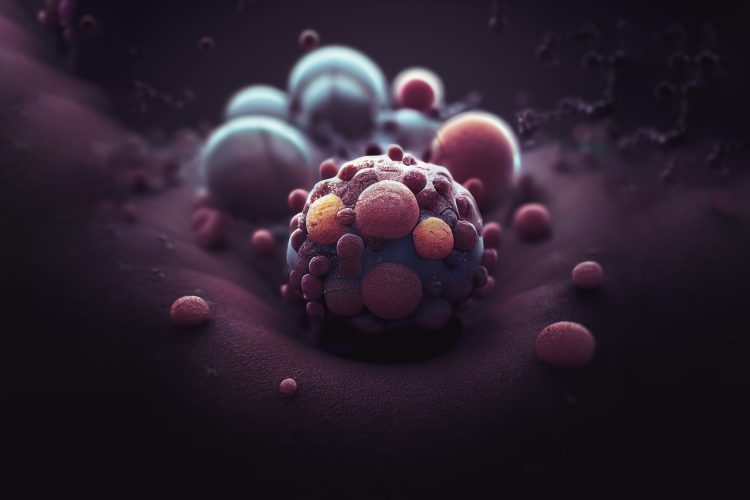 3D illustration of nanoparticles interacting with a cancer cell surface, representing advanced nanomedicine and targeted drug delivery