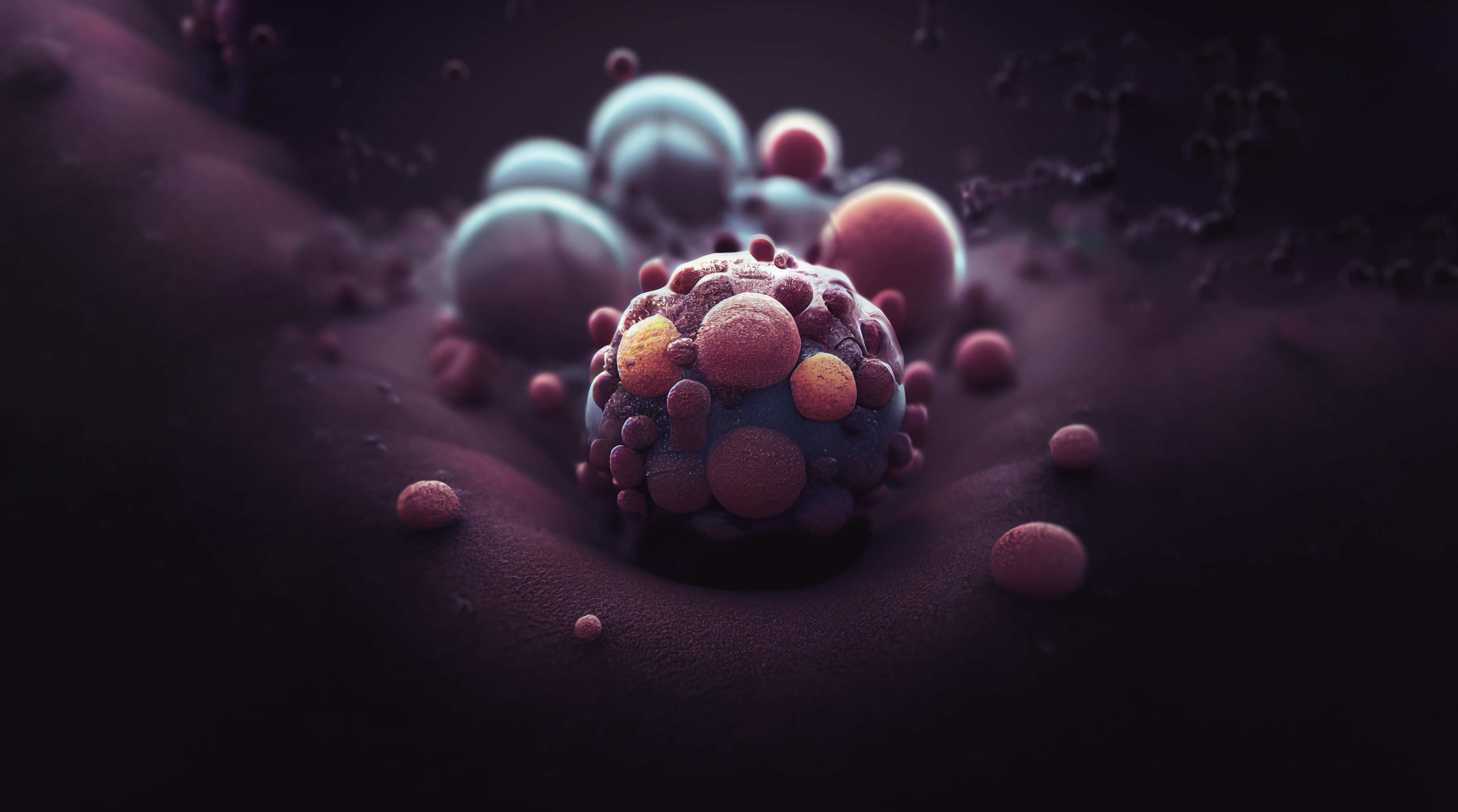 3D illustration of nanoparticles interacting with a cancer cell surface, representing advanced nanomedicine and targeted drug delivery