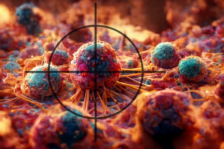 A 3D illustration depicting Cancer Cells in the crosshairs, related to cancer treatment.