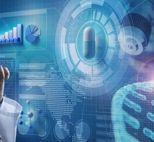 A medical researcher studies digital data visualizations showing a pill, DNA helix, and analytics charts, symbolizing the intersection of artificial intelligence, genomics, and drug discovery.