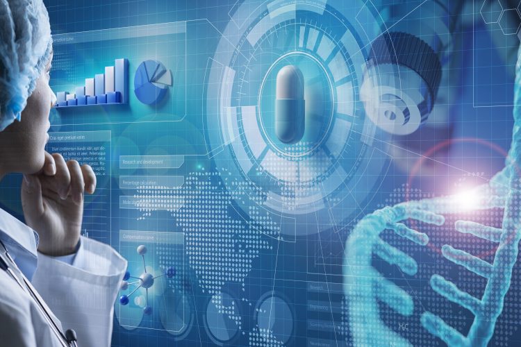 A medical researcher studies digital data visualizations showing a pill, DNA helix, and analytics charts, symbolizing the intersection of artificial intelligence, genomics, and drug discovery.