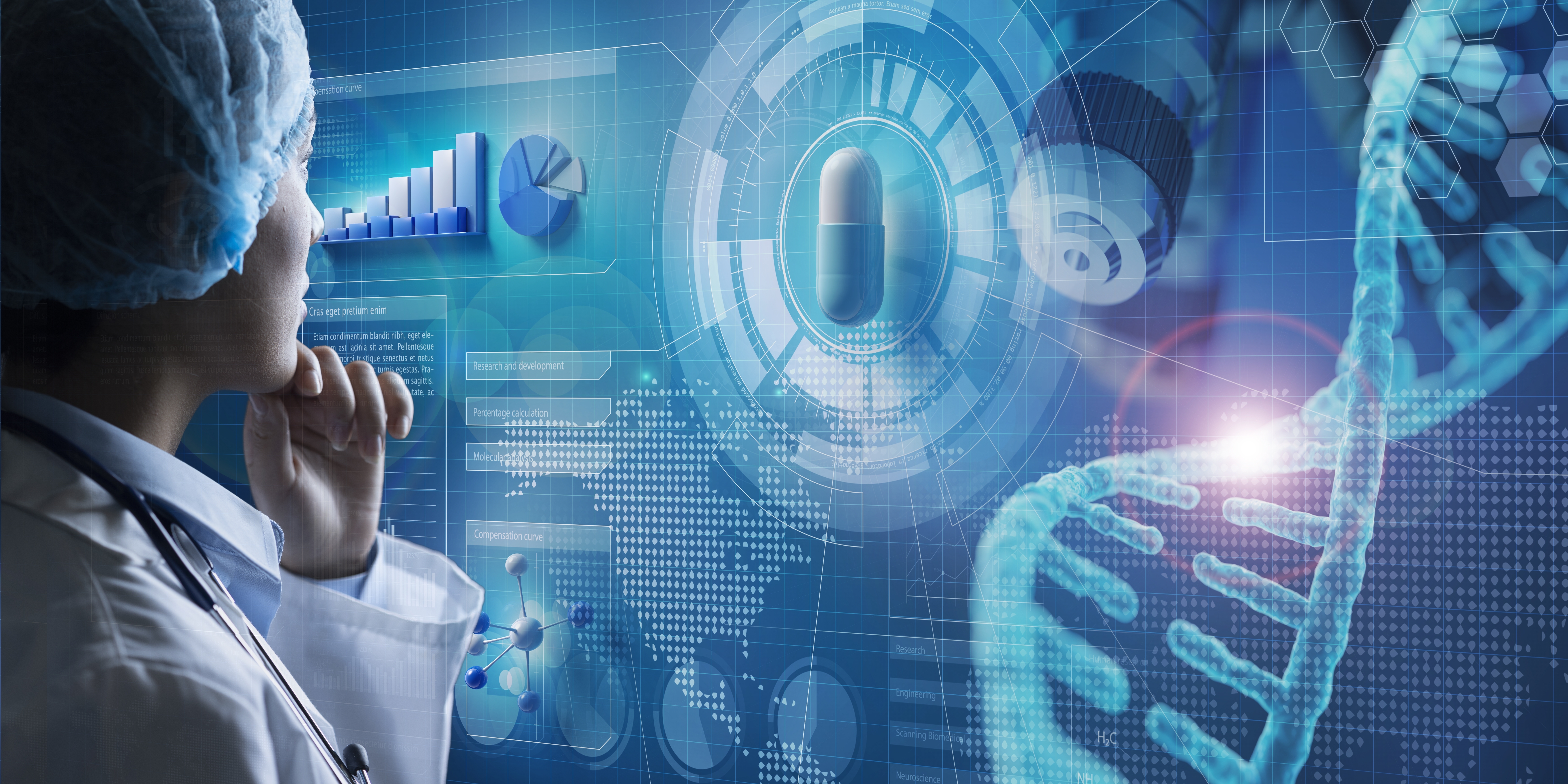 A medical researcher studies digital data visualizations showing a pill, DNA helix, and analytics charts, symbolizing the intersection of artificial intelligence, genomics, and drug discovery.