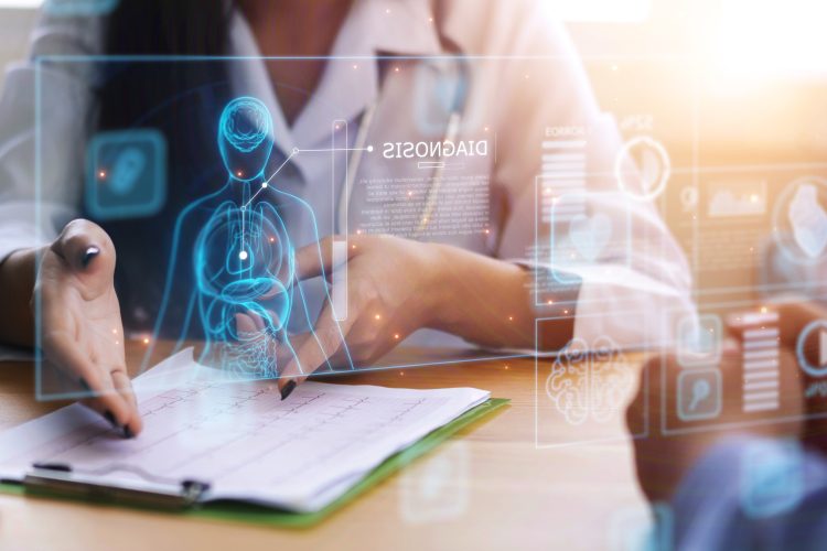 Doctor working office research studying heart disease illness, using modern computer technology display assistance artificial intelligence AI, healthcare medical staff in hospital clinic office