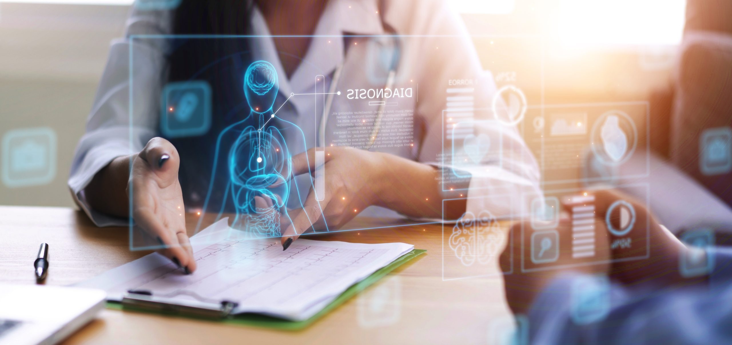 Doctor working office research studying heart disease illness, using modern computer technology display assistance artificial intelligence AI, healthcare medical staff in hospital clinic office