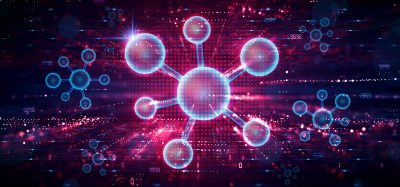 Abstract molecular network representing quantum chemistry simulations used in computational drug discovery and targeted cancer therapy