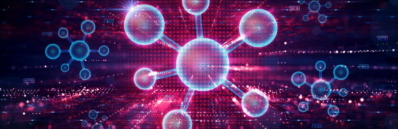 Abstract molecular network representing quantum chemistry simulations used in computational drug discovery and targeted cancer therapy