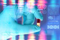 Gloved hand holding a capsule surrounded by digital AI and molecular biology interfaces, symbolising artificial intelligence–driven drug discovery and targeting previously undruggable diseases