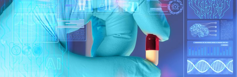 Gloved hand holding a capsule surrounded by digital AI and molecular biology interfaces, symbolising artificial intelligence–driven drug discovery and targeting previously undruggable diseases