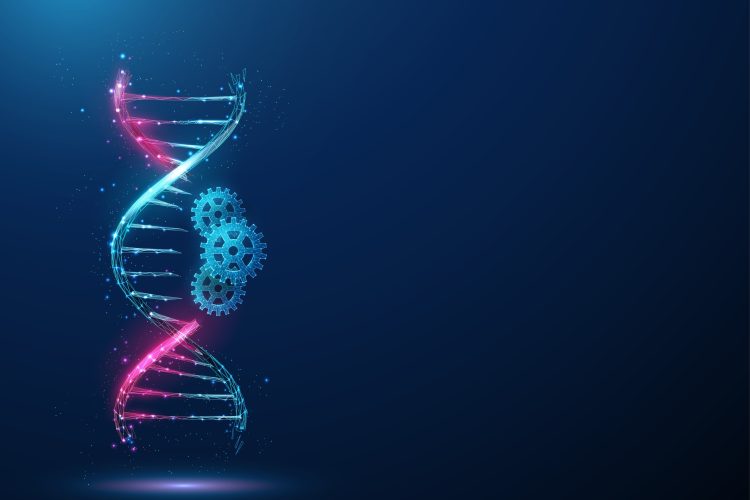 Illustration of engineered DNA with mechanical elements, representing a scalable genome-editing platform
