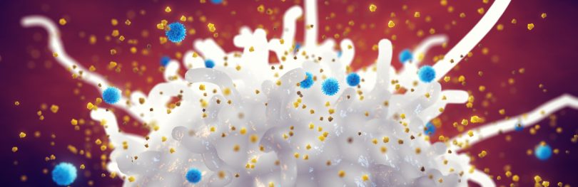 Cytokine release syndrome (CRS) or cytokine storm is the overproduction of cytokines as an immune response to infection. Macrophage releasing cytokines in response to viral infection, 3d illustration