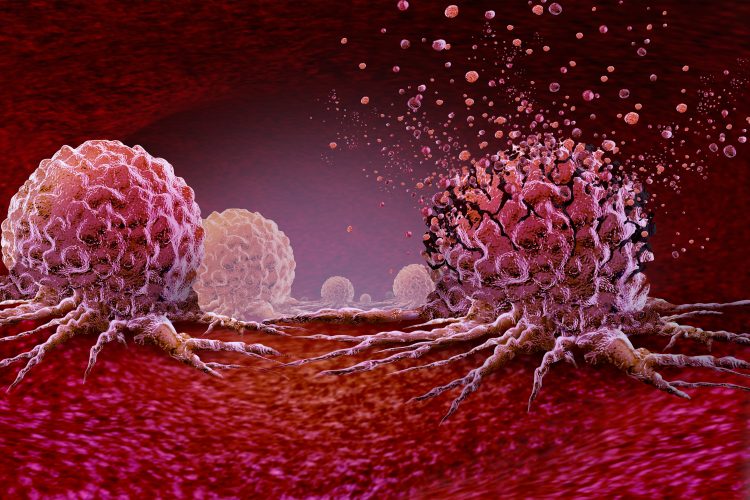 3D illustration of cancer cells spreading and releasing particles, representing tumour progression and cancer research.