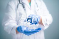 Concept of healthcare and medical AI technology services,Medical worker touch virtual medical revolution and advance of technology Artificial Intelligence and technology for future healthcare.