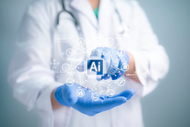 Concept of healthcare and medical AI technology services,Medical worker touch virtual medical revolution and advance of technology Artificial Intelligence and technology for future healthcare.