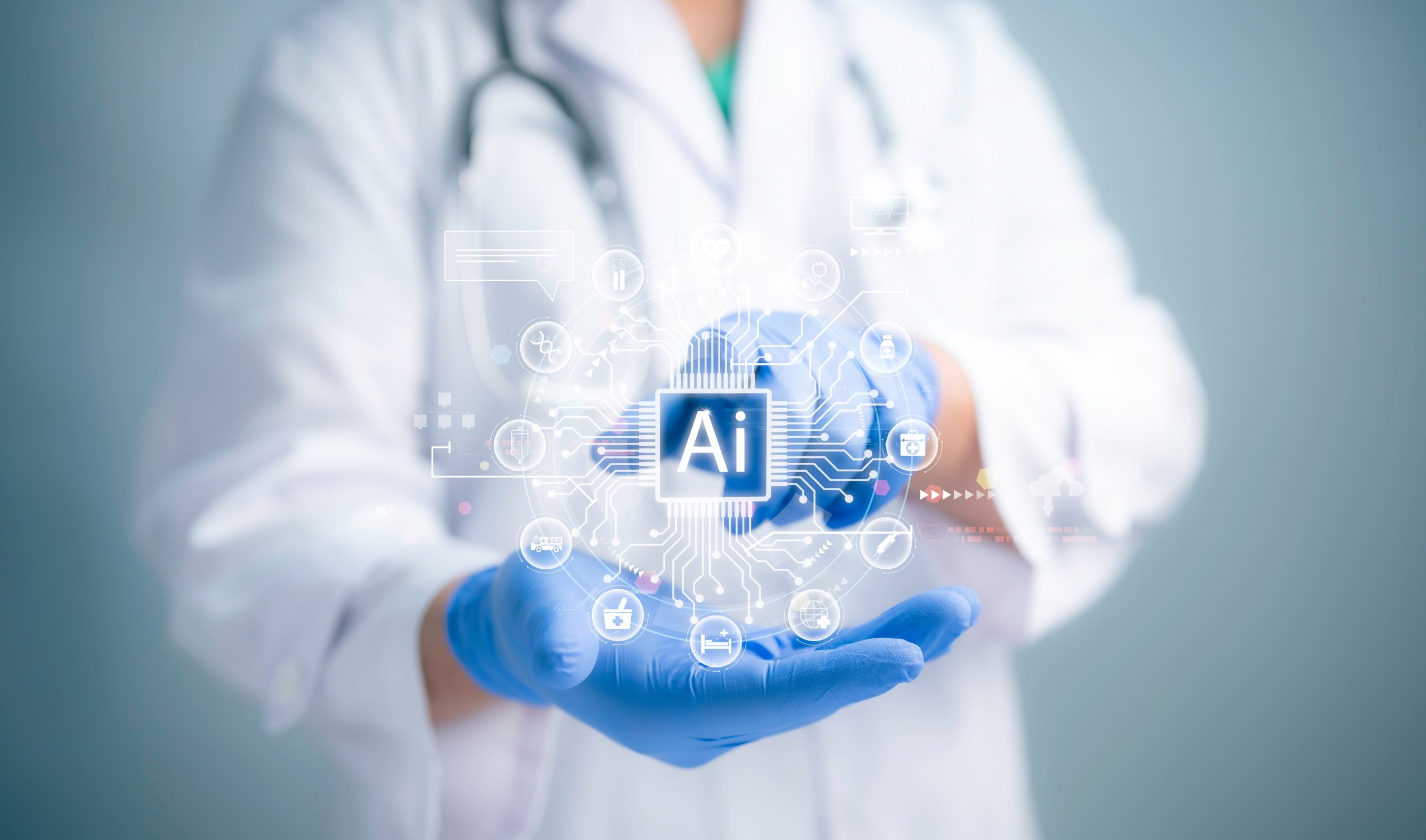 Concept of healthcare and medical AI technology services,Medical worker touch virtual medical revolution and advance of technology Artificial Intelligence and technology for future healthcare.