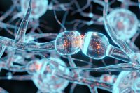 3D illustration of a synapse between two neurons, showing neural signal transmission with glowing particles, representing brain cell communication and neurological activity.