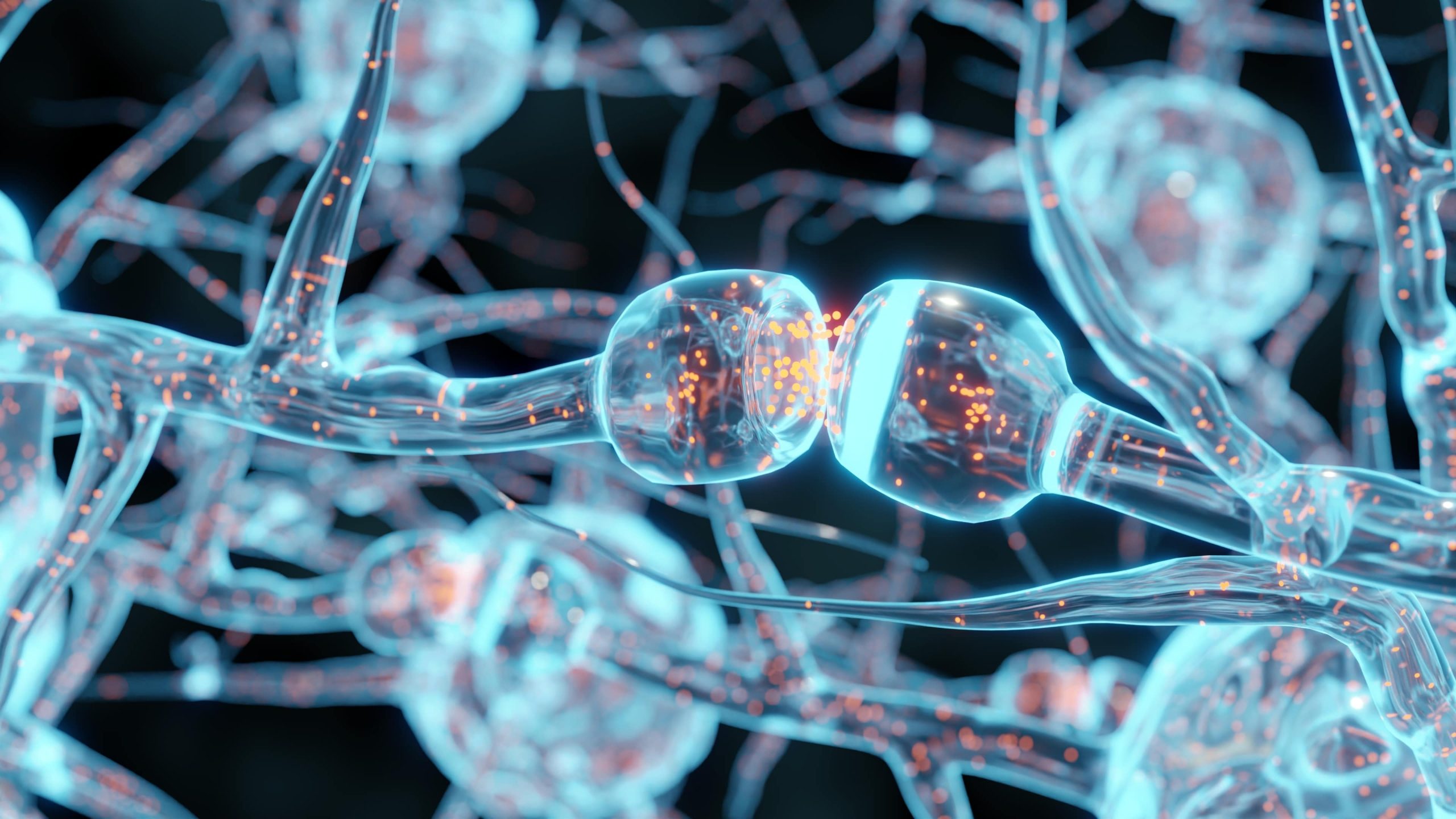 3D illustration of a synapse between two neurons, showing neural signal transmission with glowing particles, representing brain cell communication and neurological activity.